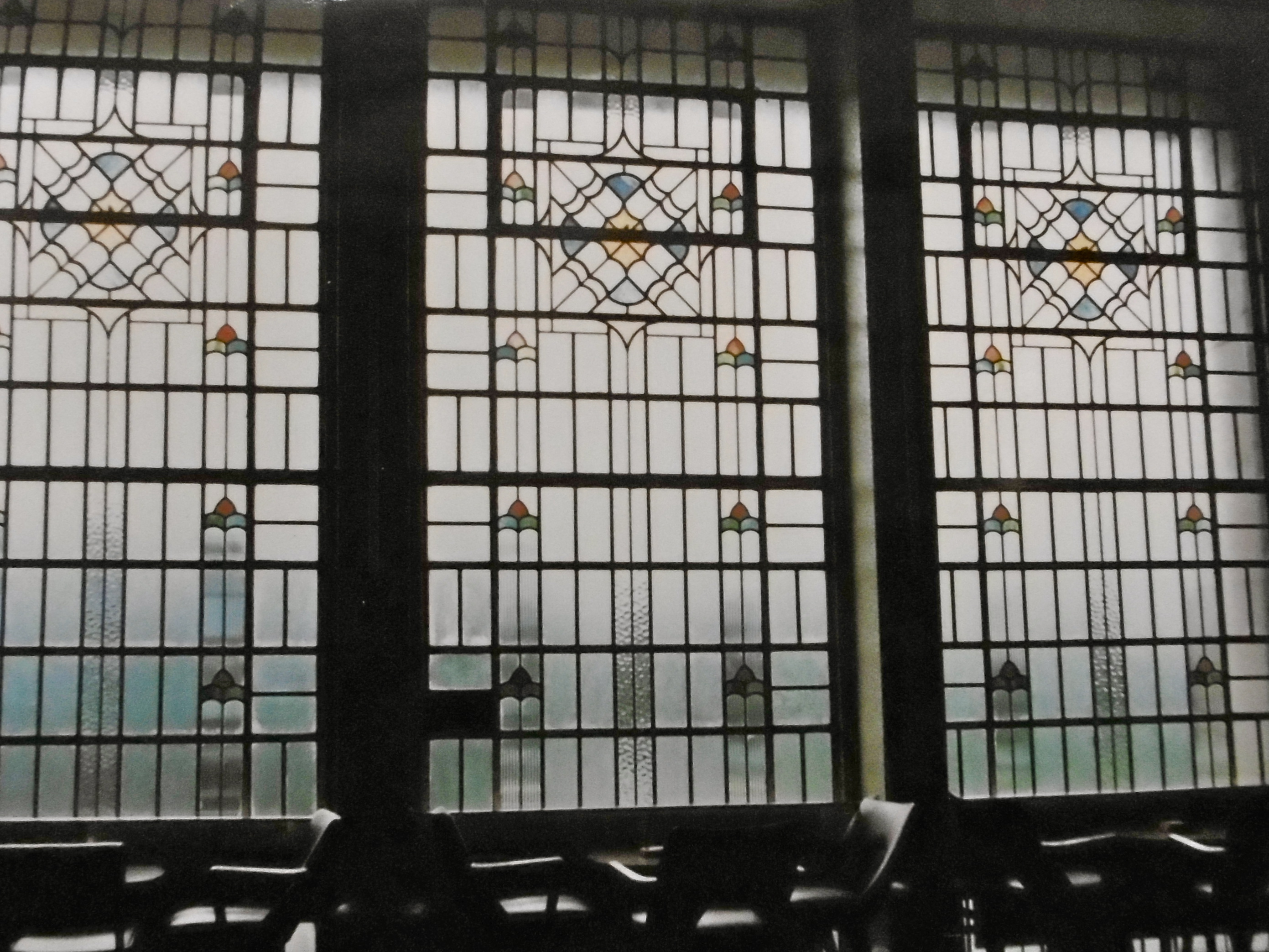 The interior of the splendid stained glass panels of the tea lounge in 1986.
